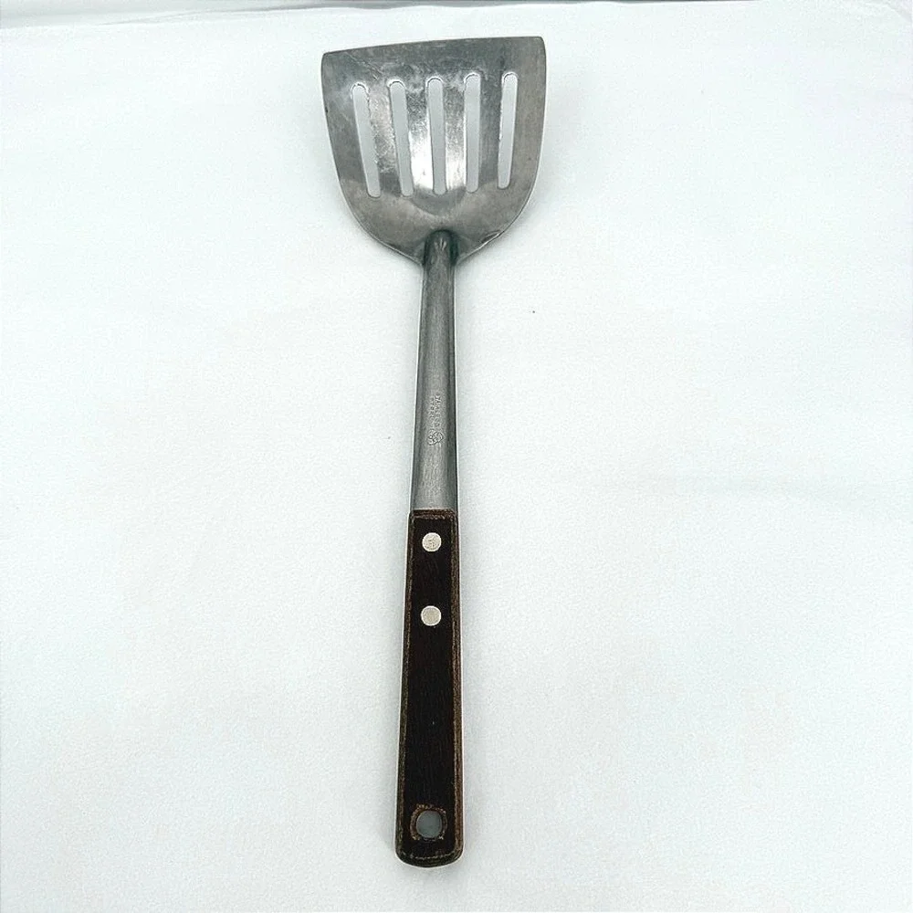 Stainless Steel VTG Curved Spatula Slotted Wood Handle Kitchen Tool 12.5